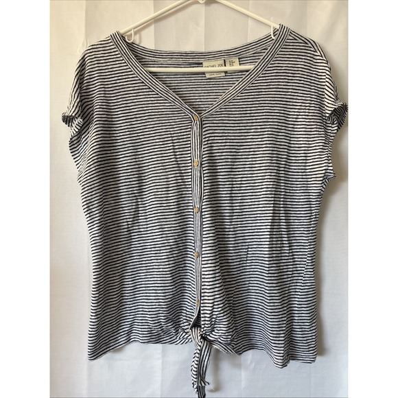 Rachel Zoe‎ Top Women M Blue White Stripe 100% Linen Cap Sleeve  Waist Tie VNeck - Picture 1 of 7